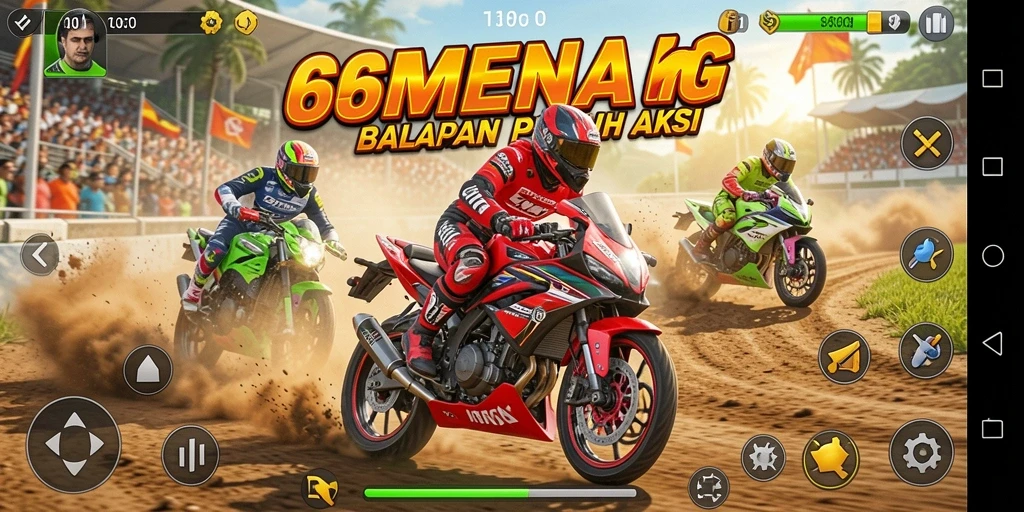 Tangkapan layar utama 66MENANG menampilkan aksi balap motor seru.