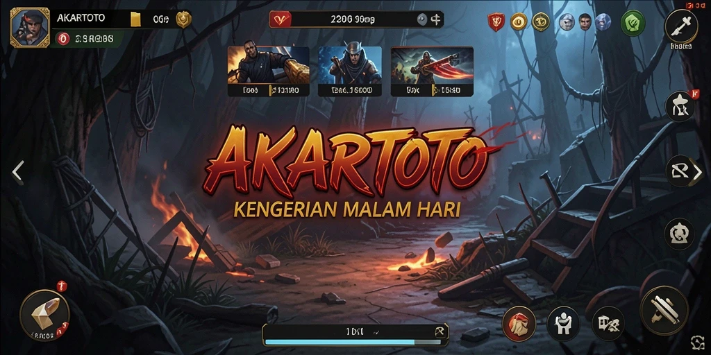 Tampilan gameplay AKARTOTO dengan suasana mencekam dan karakter menyeramkan.