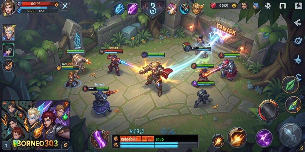 Screenshot gameplay BORNEO303 yang menunjukkan pertempuran intens di arena.