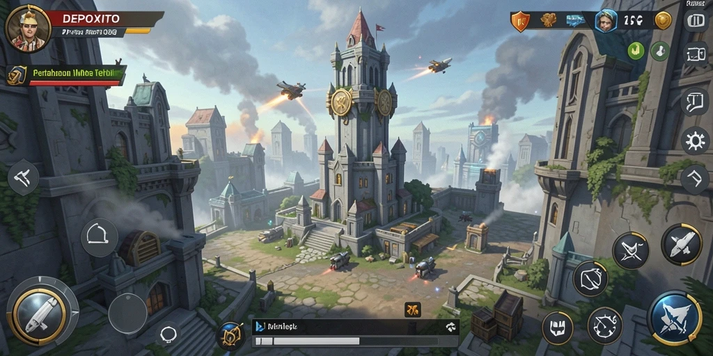 Tampilan gameplay DEPOXITO dengan menara dan musuh yang berbeda.
