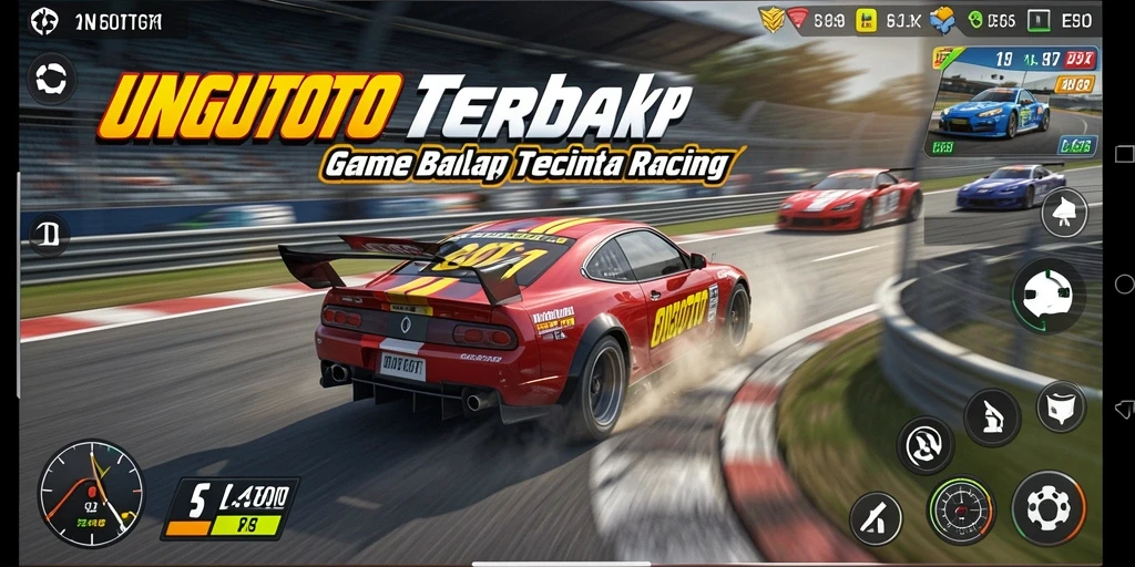 Screenshot gameplay UNGUTOTO menampilkan mobil balap sedang melaju kencang di lintasan.